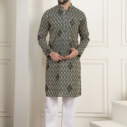 SOJANYA Geometric Embroidered Mandarin Collar Pure Cotton Straight Kurta With Pyjama-image-19