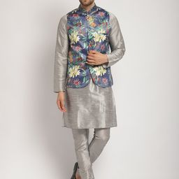 Kaifoo Mandarin Collar Kurta with Churidar & Printed Nehru Jacket-picture-19