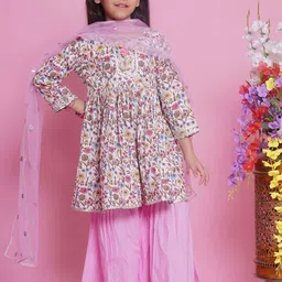 Little Bansi Girls Floral Printed Regular Pure Cotton Kurta With Sharara & Dupatta-picture-30