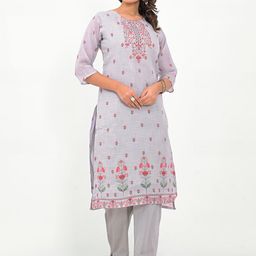 Label Khoj Women Floral Printed Regular Sequinned Linen Kurta with Trousers-40
