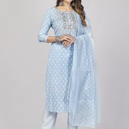 Vbuyz Women Blue Printed & Embroidered Pure Cotton Kurta & Trousers With Dupatta-57