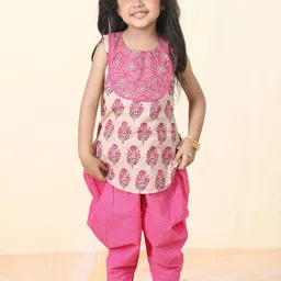 Sangria Girls Pink Floral Printed Pure Cotton Straight Kurta With Dhoti Pant-image-70