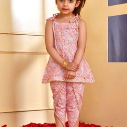 Rangpur Girls Ethnic Motifs Printed Layered Gotta Patti Pure Cotton Kurti with Dhoti Pants-image-48