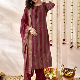 Anouk Embroidered StraightSequinned Chanderi Silk Kurta with Trousers & Dupatta-image-58