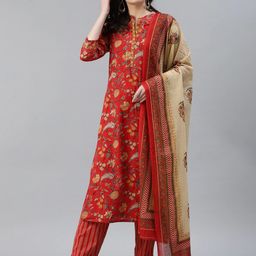 AHIKA Floral Printed Sequinned Pure Cotton Kurta With Trousers & With Dupatta-image-32