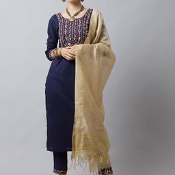 Tulsattva Women Navy Blue Floral Embroidered Thread Work Kurta with Trouser & With Dupatta-picture-3