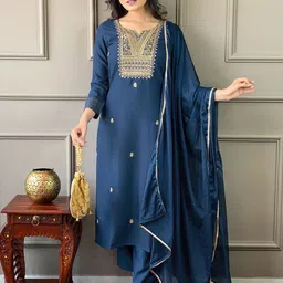 KALINI Ethnic Motifs Embroidered Zari Straight Kurta With Trouser & Dupatta-image-83