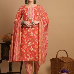 KALINI Floral Printed Regular Pure Cotton Kurta with Trousers & With Dupatta-19