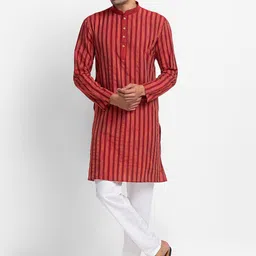 SARVAMOHAN Men Maroon Striped Angrakha Kurta With Pyjamas-6