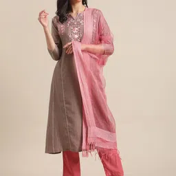 Varanga Women Beige & Pink Floral Yoke Design Regular Kurta With Trousers & Dupatta-image-69