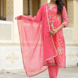 Navlik Floral Embroidered Thread Work V-Neck Straight Kurta With Trousers & Dupatta-picture-37