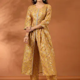 Jaipur Kurti Mustard Ethnic Motifs Printed Sequinned High Slit Kurta With Trousers-picture-21