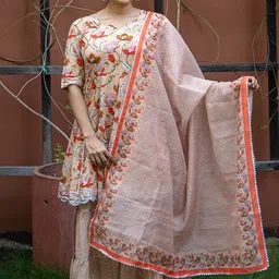 WEAVLLITE Floral Printed Pure Cotton Gotta Patti A-Line Kurta With Sharara & Dupatta-11