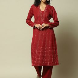 Rangriti Striped Long Sleeves Regular Straight Kurta With Palazzos-17