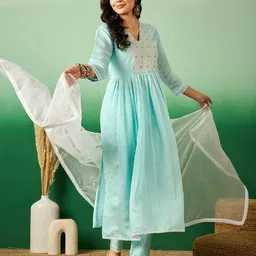 Sangria Turquoise Blue Floral Embroidered Sequinned Straight Kurta With Trouser & Dupatta-picture-55