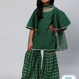 Aks Kids Girls Beads And Stones Chanderi Silk Straight Kurta With Sharara & Dupatta-image-27