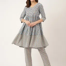 Divena Floral Printed V-Neck Pure Cotton Anarkali Kurta with Trousers-image-73