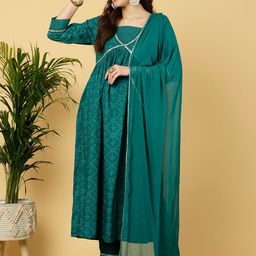 KALINI Ethnic Motifs Printed Thread Work Detailed Anarkali Kurta & Trouser With Dupatta-image-82