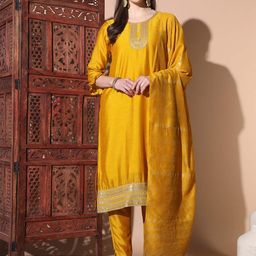 BAESD Floral Embroidered Round Neck Sequinned Silk Georgette Kurta with Trousers & Dupatta-picture-46