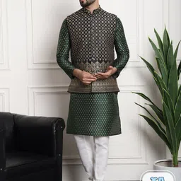 SOJANYA Ethnic Motifs Printed Silk Cotton Kurta & Churidar With Nehru Jacket-21
