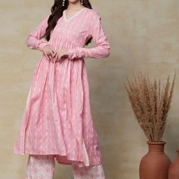 FASHOR Pink Ethnic Motifs Gotta Patti Empire A-Line Pure Cotton Kurta With Palazzos-picture-44