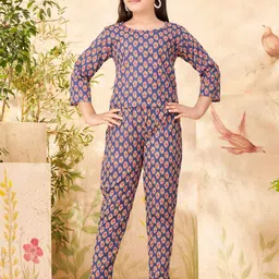 Sangria Girls Navy-Blue & Red Floral Printed Pure Cotton Top And Trousers Clothing Set-image-64