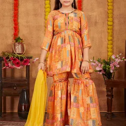 Aarika Girls Floral Printed Regular Gotta Patti Pure Silk Kurta With Sharara & Dupatta-picture-12