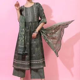 Vishudh Women Green Ethnic Motifs Empire Pure Cotton Kurti with Trousers & With Dupatta-image-58