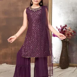 Aarika Girls Geometric Embroidered Sequinned Georgette Kurta With Sharara & Dupatta-picture-3