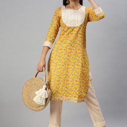 SHOWOFF Floral Printed Gotta Patti Kalamkari Straight Kurta with Trousers-17