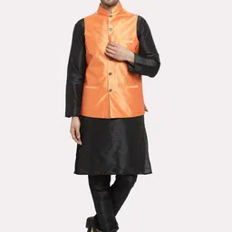 Kaifoo Men Black and orange Kurta Set With Nehru Jacket-55