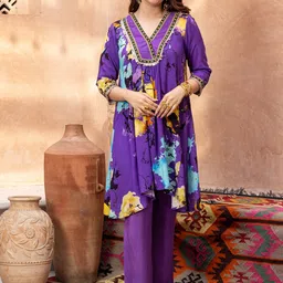 Ambraee Floral Printed A-Line Kurta With Trouser-8