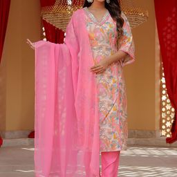 Chandbaali Women Floral Printed Regular Mirror Work Kurta with Trousers & With Dupatta-image-18