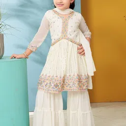 BAESD Girls Ethnic Motifs Embroidered V-Neck Thread Work Kurta with Sharara & Dupatta-picture-22