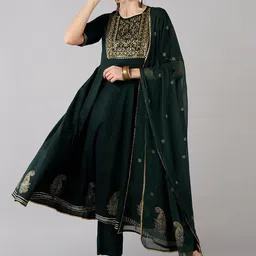KALINI Ethnic Motifs Embroidered Round Neck Sequinned Empire Kurta With Trouser & Dupatta-57