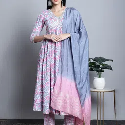 Roly Poly Ethnic Motifs Printed  Thread Work Pure Cotton Kurta With Trousers & Dupatta-picture-3