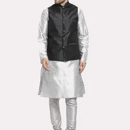 Kaifoo Men Silver-Toned  and Black Layered Kurta Set With Nehru Jacket-99