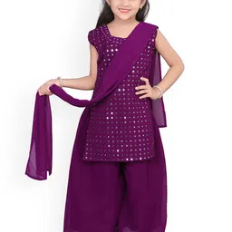 BAESD Girls Ethnic Motifs Mirror Work Georgette Straight Kurti with Palazzo & Dupatta-picture-57