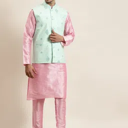 SOJANYA Mandarin Collar Regular Kurta With Pyjamas & Nehru Jacket-picture-7