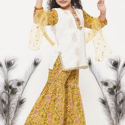 Little Bansi Girls White Floral Embroidered Pure Cotton Kurta with Sharara & With Dupatta-picture-22