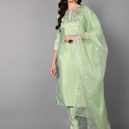 KALINI Ethnic Motifs Embroidered Round Neck Zari Straight Kurta With Trouser & Dupatta-52