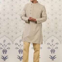 Ode by House of Pataudi Beige Striped Kurta with Pyjamas-picture-30