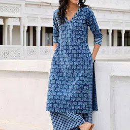 OKHAI Ethnic Motifs Block Printed Regular Pure Cotton Kurta With Palazzos-picture-32