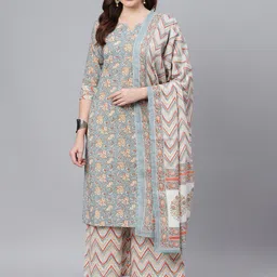 Idalia Floral Printed Notched Neck Kurta with Palazzos & Dupatta-image-12