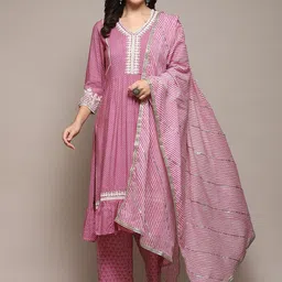 Biba Geometric Printed Thread Work Pleated A-Line Kurta With Palazzos & Dupatta-5