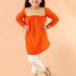 Fairies Forever Girls Orange Ethnic Motifs Yoke Design Angrakha Pure Cotton Kurta with Trousers-picture-2