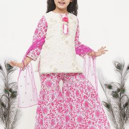 Little Bansi Girls White Floral Embroidered Pure Cotton Kurta with Sharara & With Dupatta-picture-13