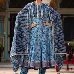 GILLORI Floral Printed Gotta Patti Anarkali Pure Cotton Kurta with Trousers & Dupatta-image-9