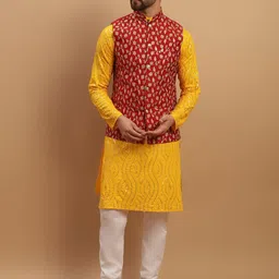 SOJANYA Embroidered Sequinned Pure Cotton Kurta with Churidar & Embroidered Nehru Jacket-picture-56