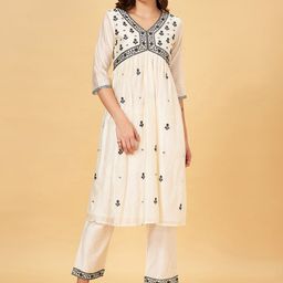RANGMANCH BY PANTALOONS Floral Embroidered Thread Work Pure Cotton Kurta With Trousers-picture-21